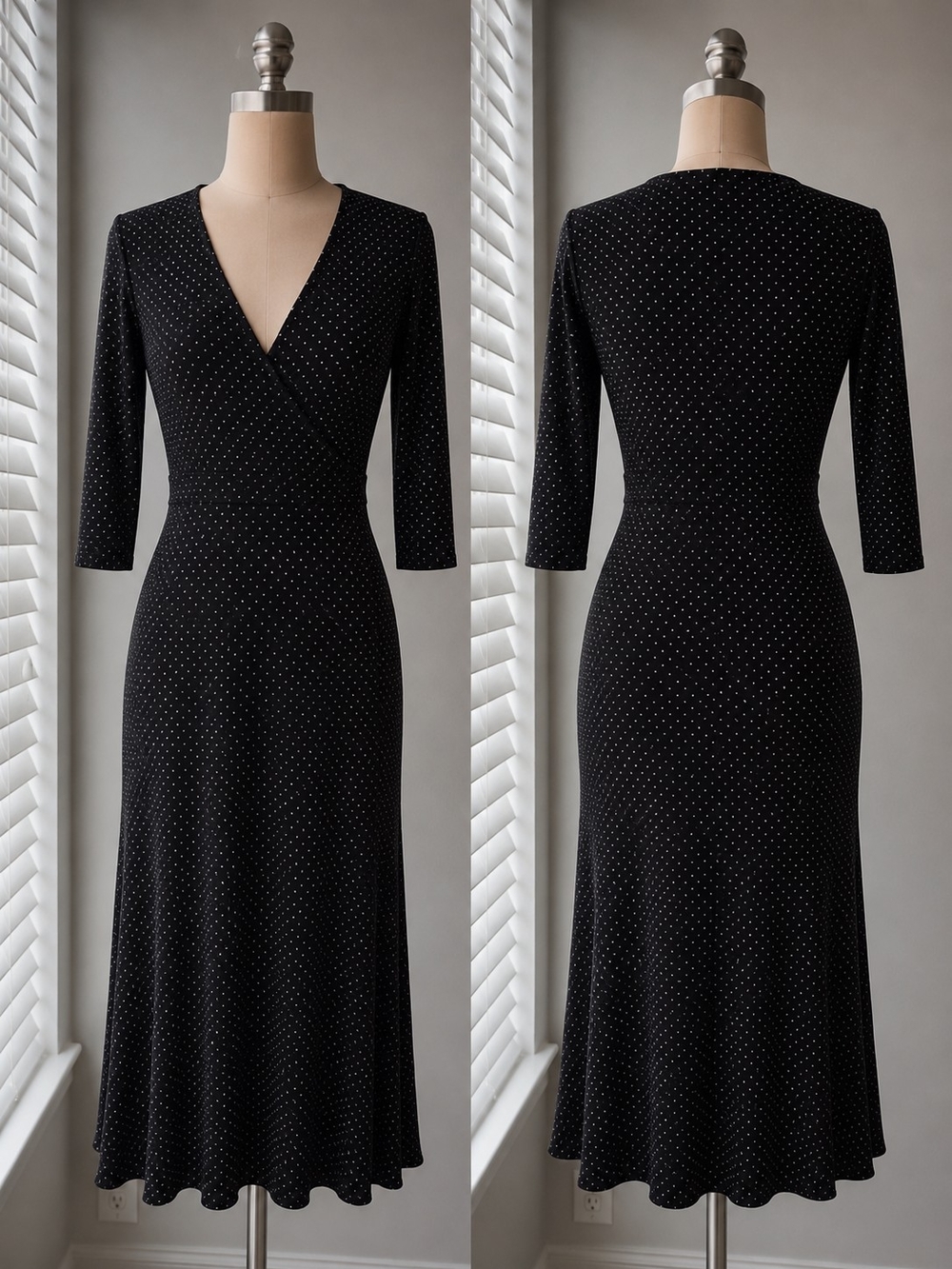 Chico's Black Polka Dot Long-Sleeve Wrap-Style Midi Dress